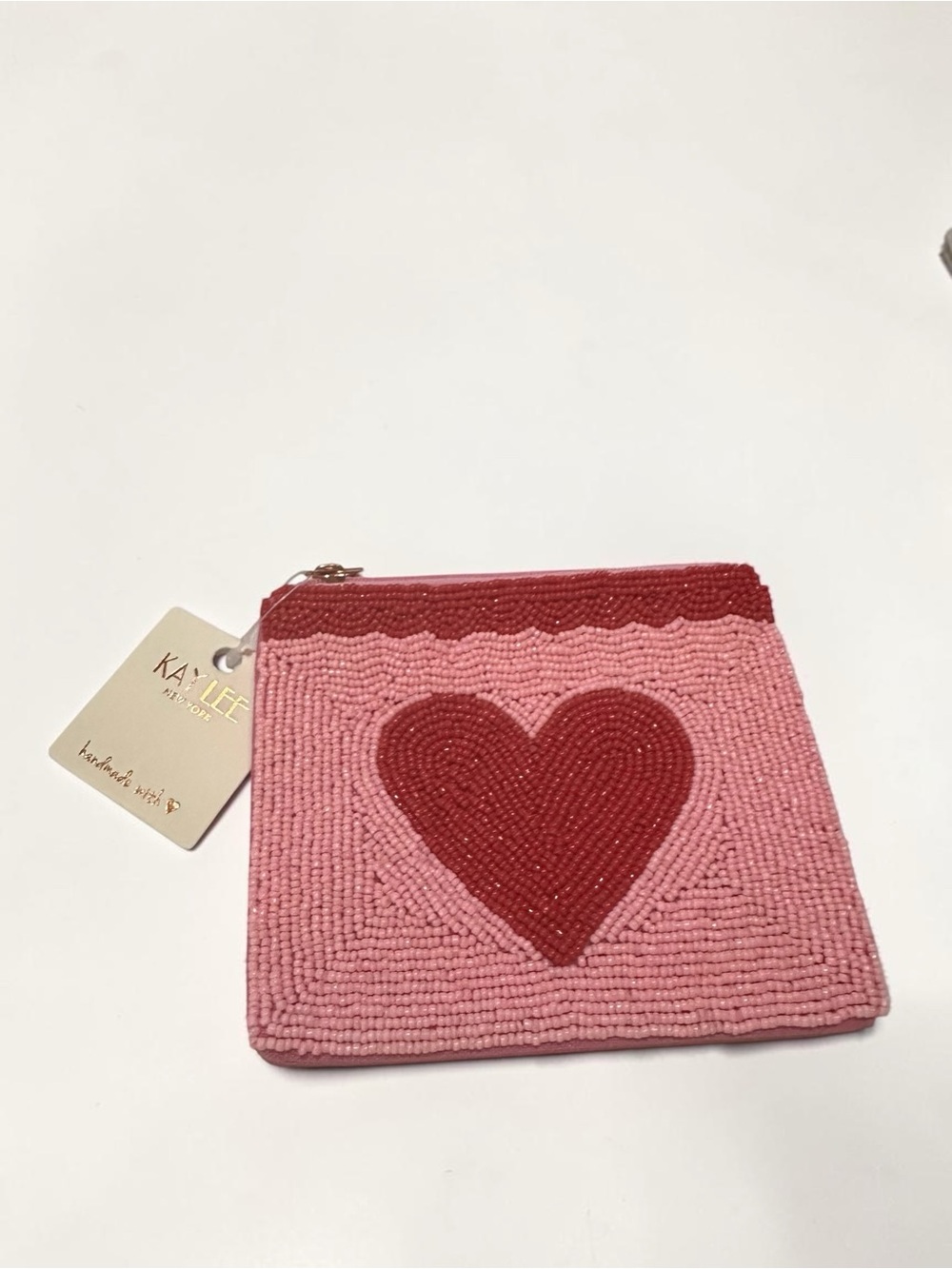 Kaylee New York Beaded Heart Coin Purse Pink Red Handmade Zip Pouch